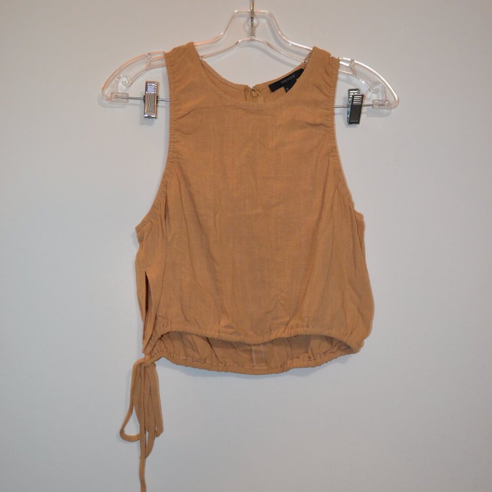 FOREVER 21 NWT Woven SAFARI Tan Sleeveless Zip Tie on Waist Rayon Top/Blouse S